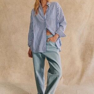 Sezane Oversized Poplin Blue and White Striped Button-Up Shirt